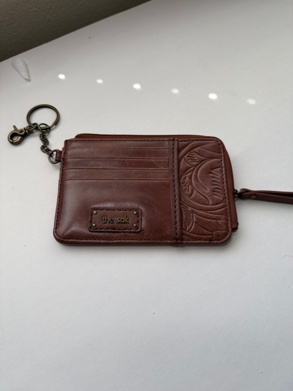 The Sak Brown Embossed Leather Card Wristlet with Keyring